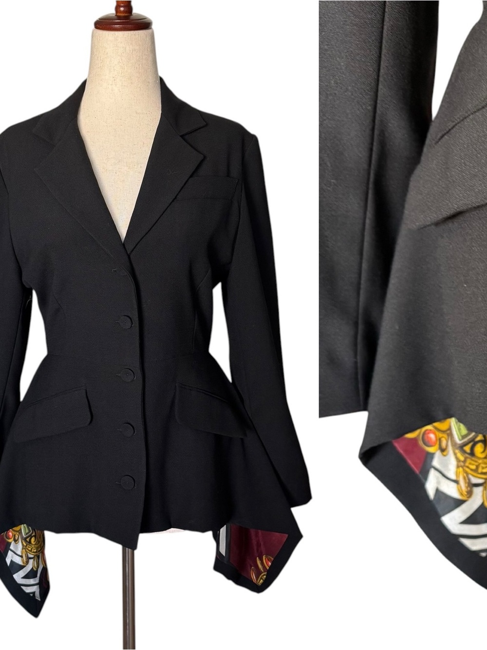 Vintage 90s Ivoire de Laurence Tailored Black Peplum Blazer Jacket sz 38 Med